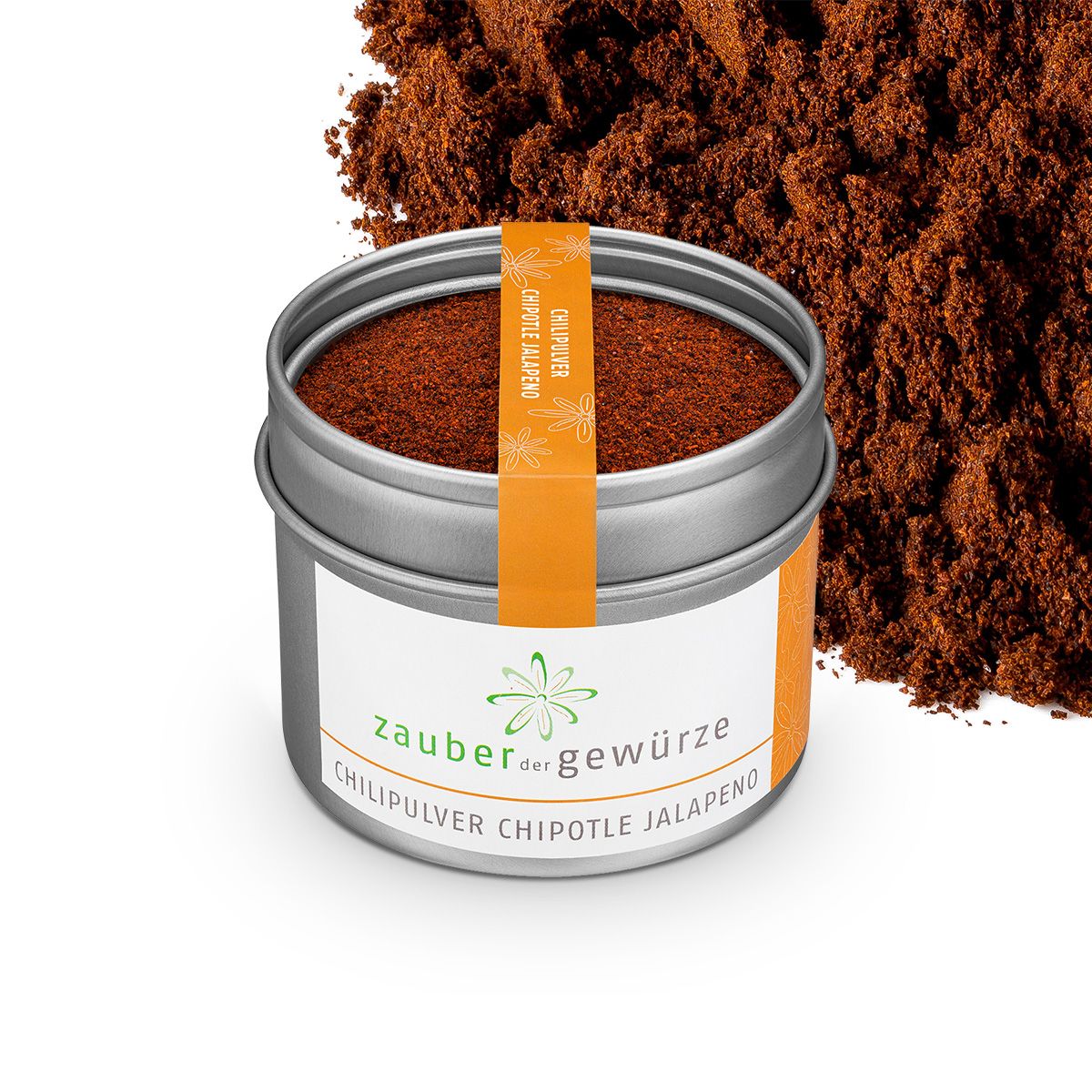Runddose mit Chilipulver. Aufschrift: Zauber der Gewürze, Chilipulver Chipotle Jalapeno. Orangefarbener Aufkleber. Chilipulver daneben.