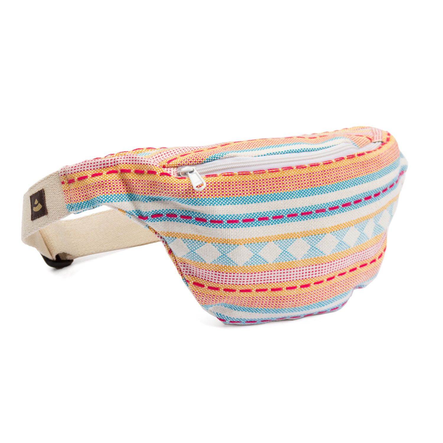 Bauchtasche mit apricot-hellblauem Jacquard-Webstoff-Muster. Reißverschluss oben. Beige Gurt.