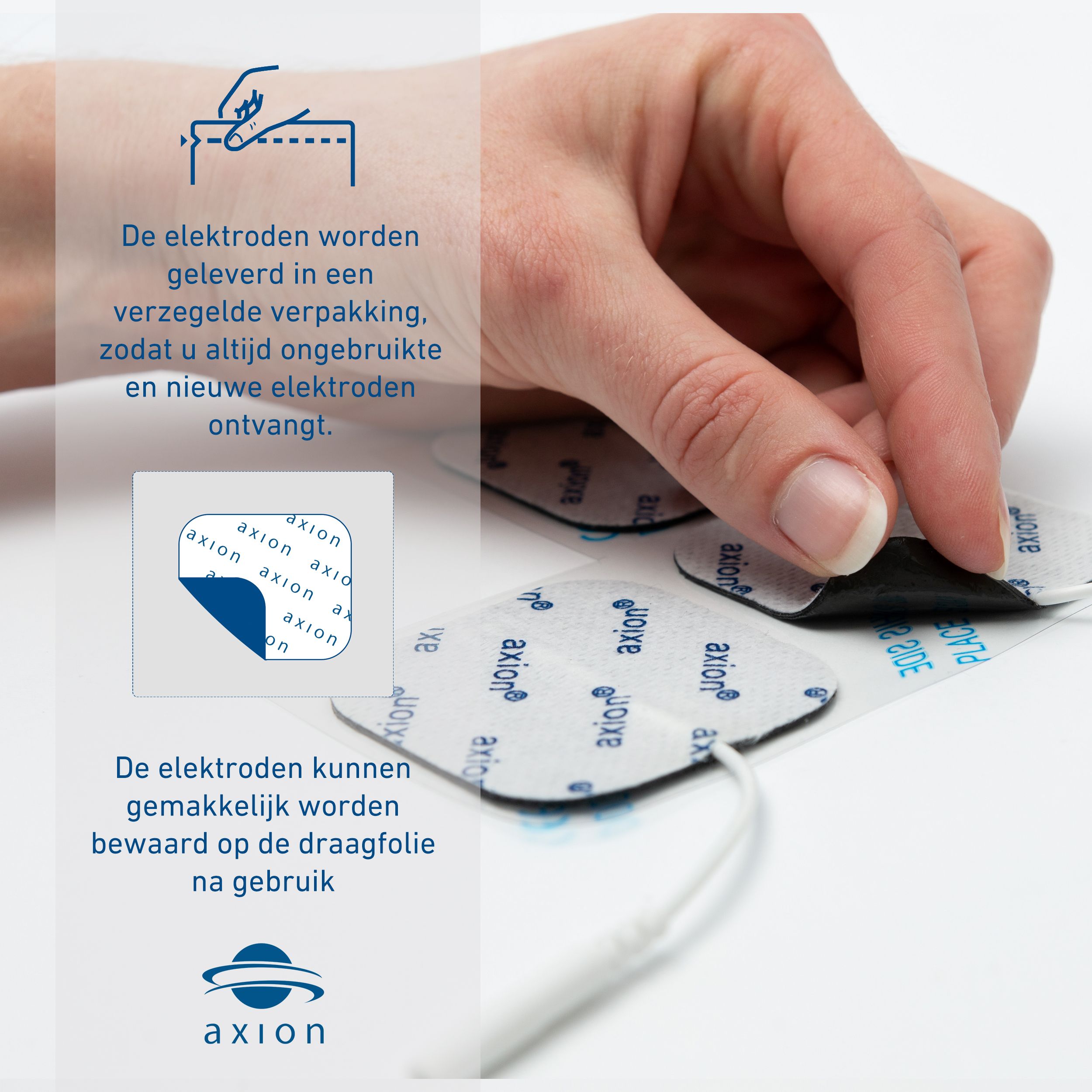Hand neemt elektrode uit verpakking. axion® logo. Elektroden kunnen op de draagfolie bewaard worden.