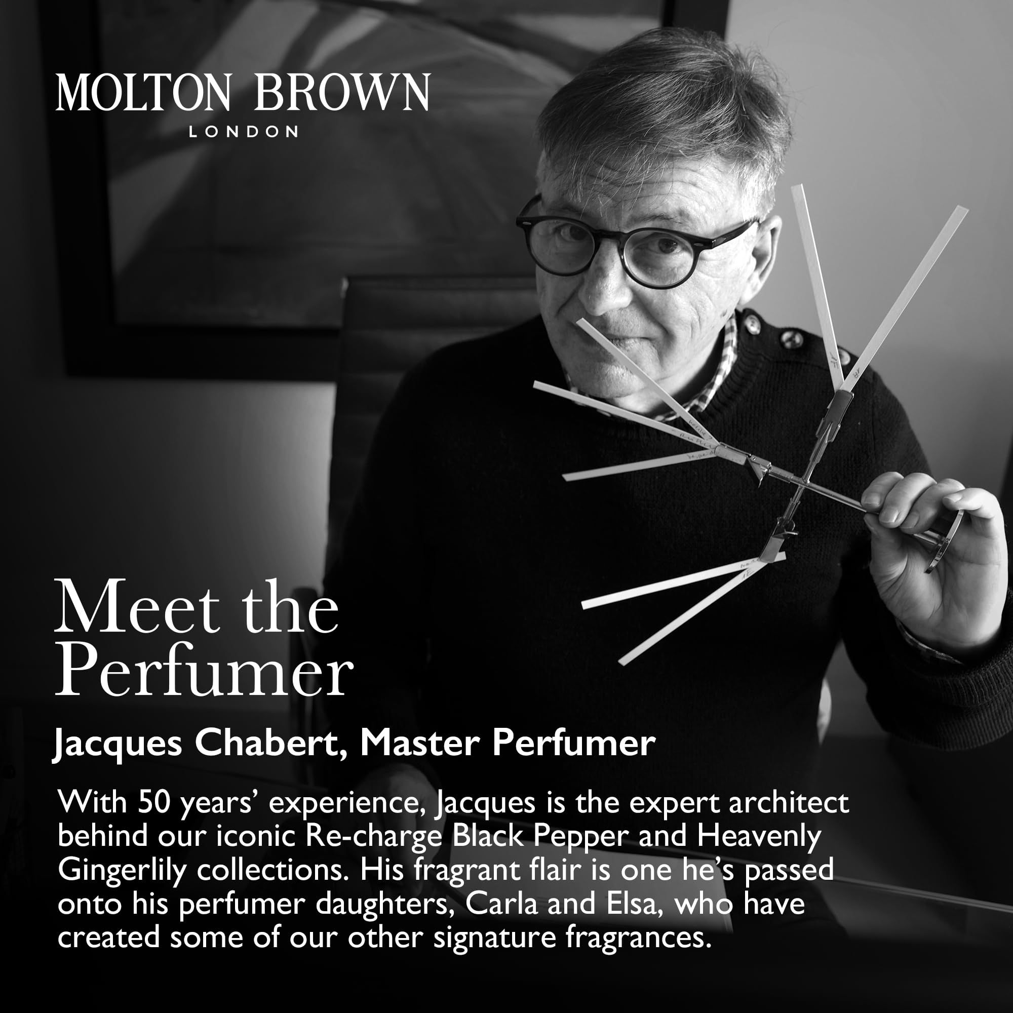 Schwarz-Weiß-Porträt eines Mannes mit Brille. Text: Meet the Perfumer, Jacques Chabert, Master Perfumer.