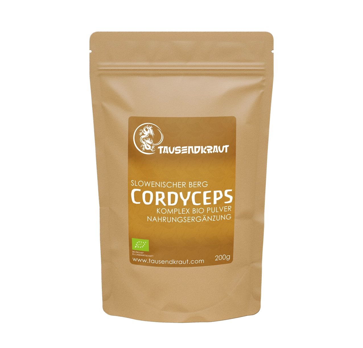 Beutel mit Tausendkraut Cordyceps Pulver. Aufdruck: Cordyceps, BIO, 200g, Logo. Braune Verpackung mit Siegel.