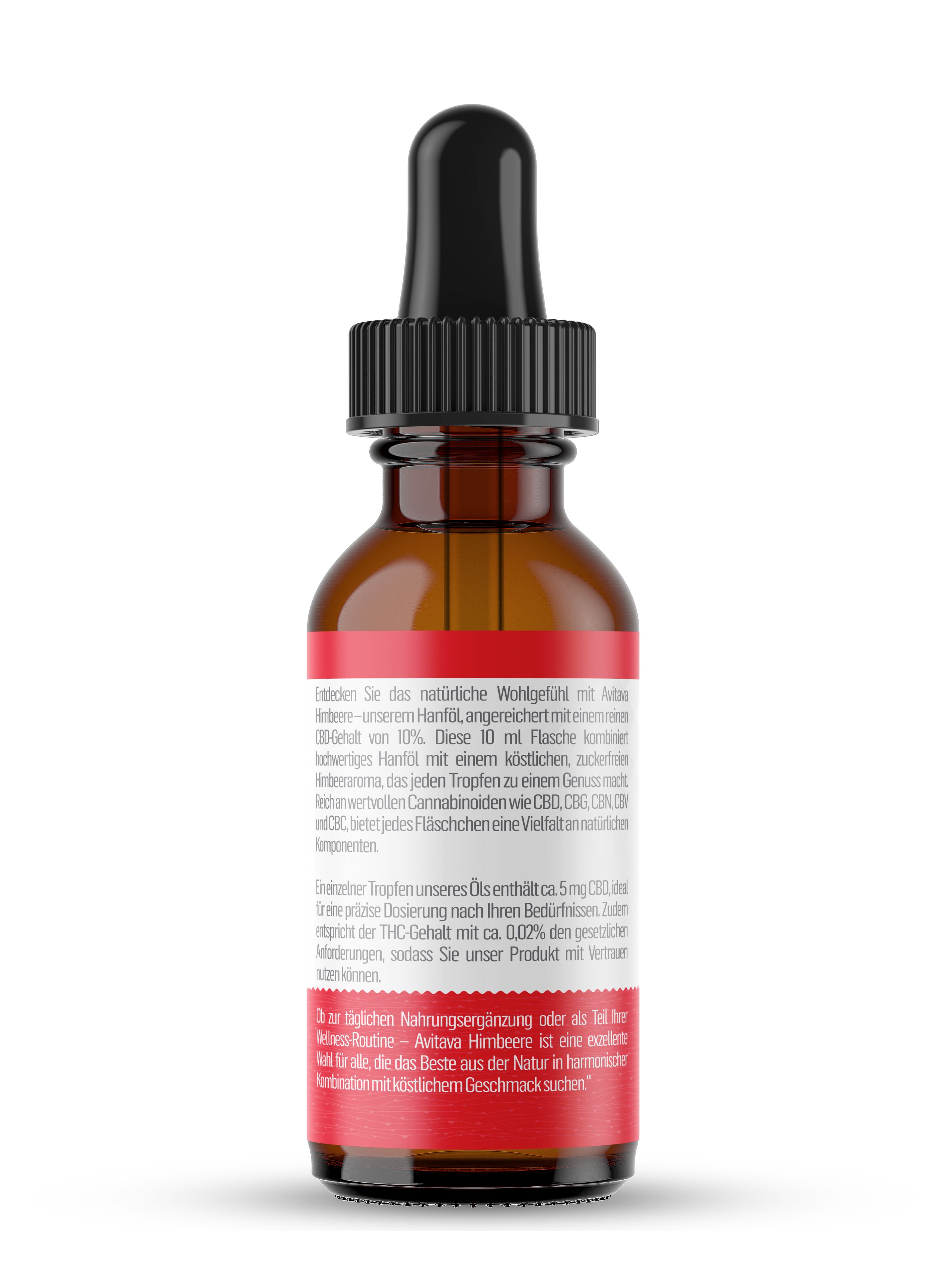 Braune Glasflasche mit schwarzem Deckel und Pipette. Roter Aufkleber mit Text. Produktinformationen und Inhaltsstoffe.