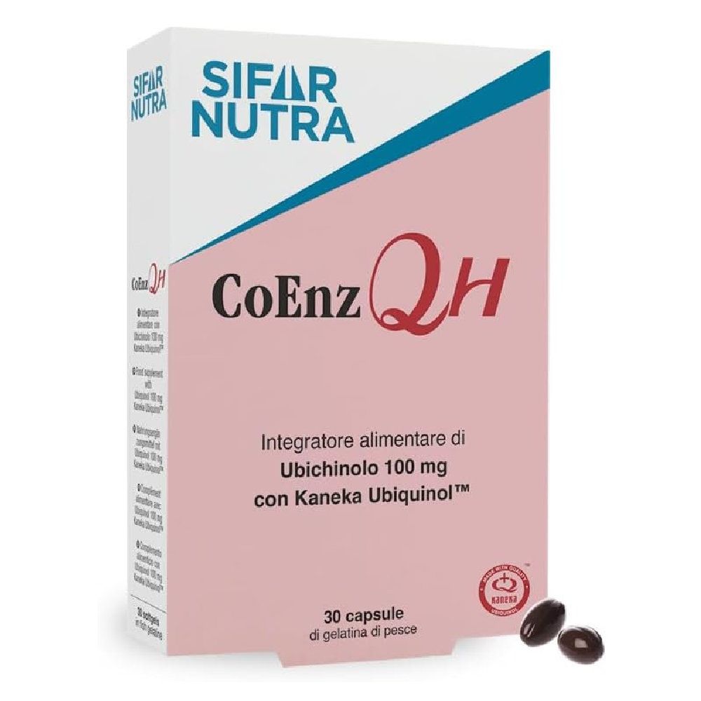 Verpackung von Sifar Nutra CoEnz QH. Enthält 30 Kapseln. Aufschrift: Integratore alimentare di Ubichinolo 100 mg con Kaneka Ubiquinol.