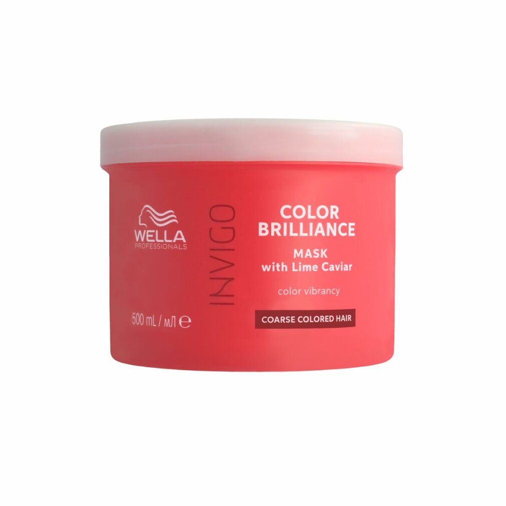 Rote Dose mit weißem Deckel und Schrift. "Wella Invigo Color Brilliance Mask Coarse". 500 ml. Mit Limettenkaviar.