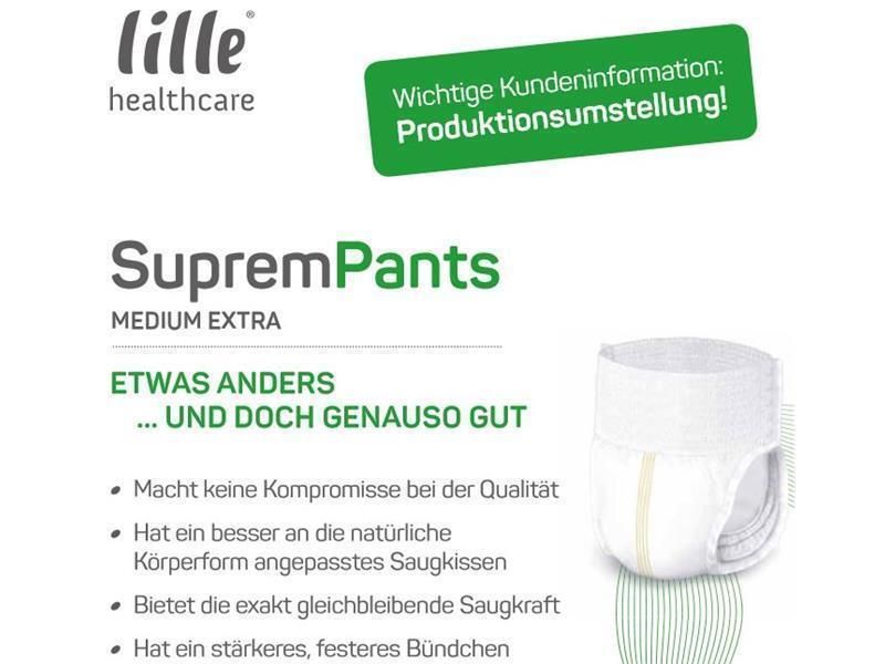Lille Suprem Pants, Medium Extra. Produktabbildung. Text: Wichtige Kundeninformation: Produktionsumstellung!