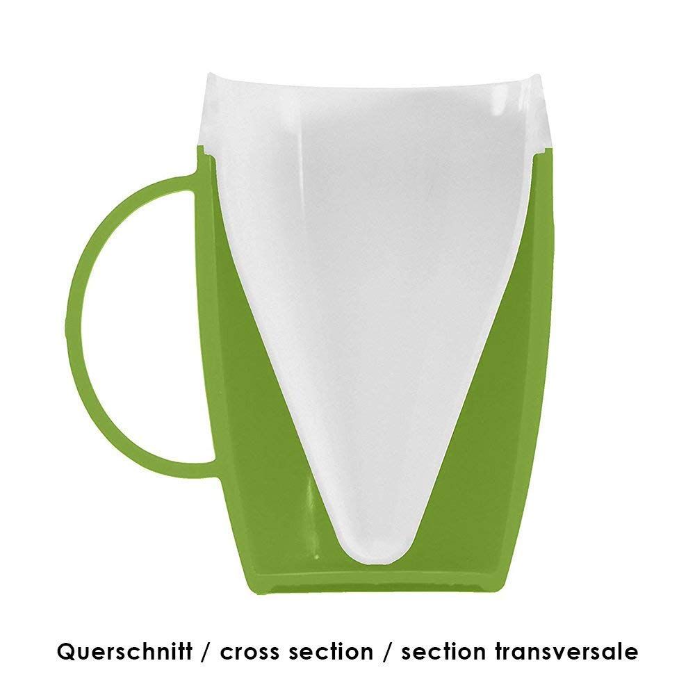 Schnittzeichnung eines grünen Bechers mit weißem Einsatz. Beschriftung: Querschnitt/cross section/section transversale.