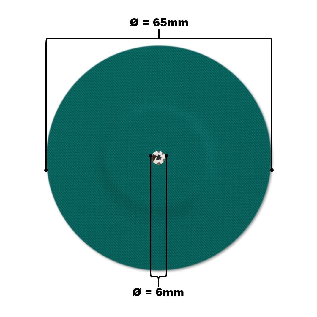 Rundes, grünes Pflaster mit Belüftungsloch. Durchmesser 65mm. Lochdurchmesser 6mm. Beschriftung.