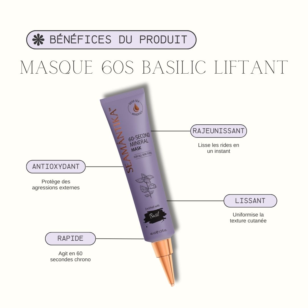 Tube de masque minéral violet. Texte : SEAMANTIKA, 60-Second Mineral Mask, Basilic. Bénéfices du produit.