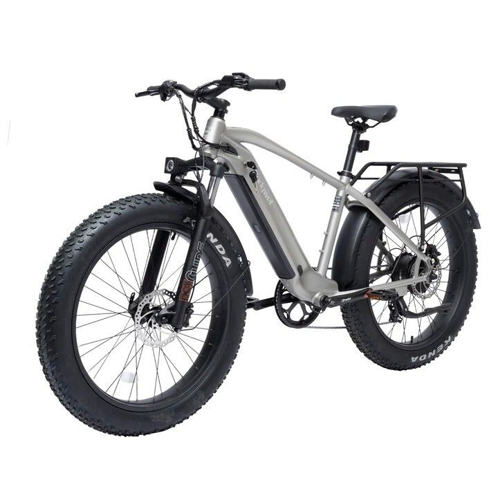 Graues E-Mountainbike mit schwarzen Reifen und Gepäckträger. Kenda-Reifen. Scheibenbremsen. Bodywel D6.