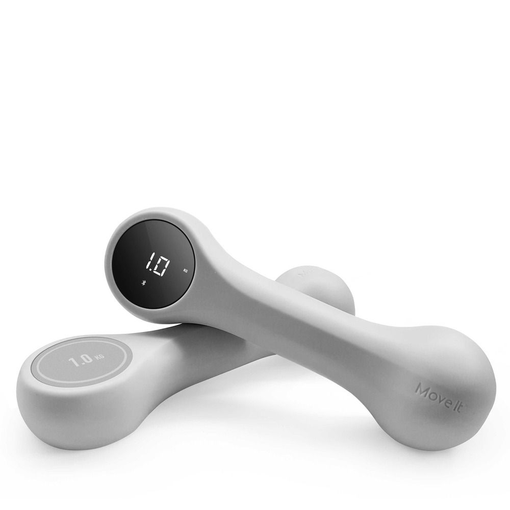Graues Hantel-Set mit digitaler Gewichtsanzeige (1.0 kg). Ergonomisches Design.