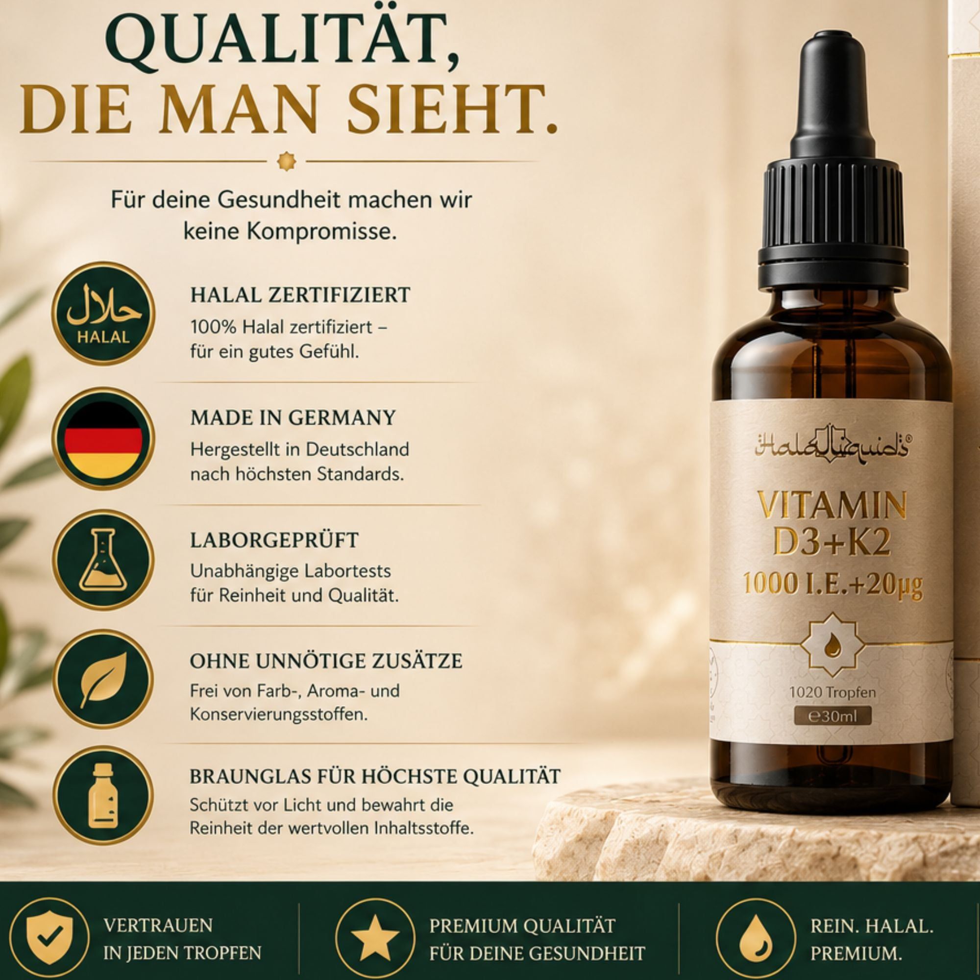 Qualitätsmerkmale von Vitamin D3+K2: Halal, Made in Germany, Laborgeprüft, Ohne Zusätze, Braunglas.