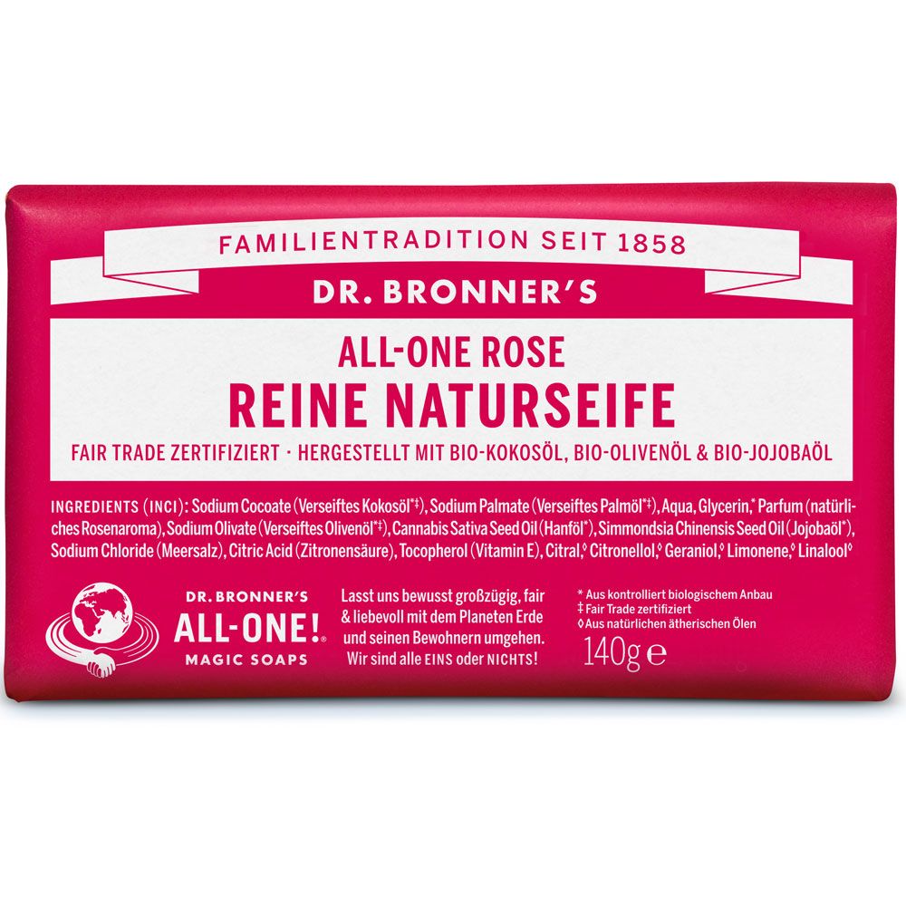 Rechteckige Seife, rosa Verpackung. "DR. BRONNER'S" und "ALL-ONE ROSE REINE NATURSEIFE" Text. Fair Trade Zertifikat. 140g.