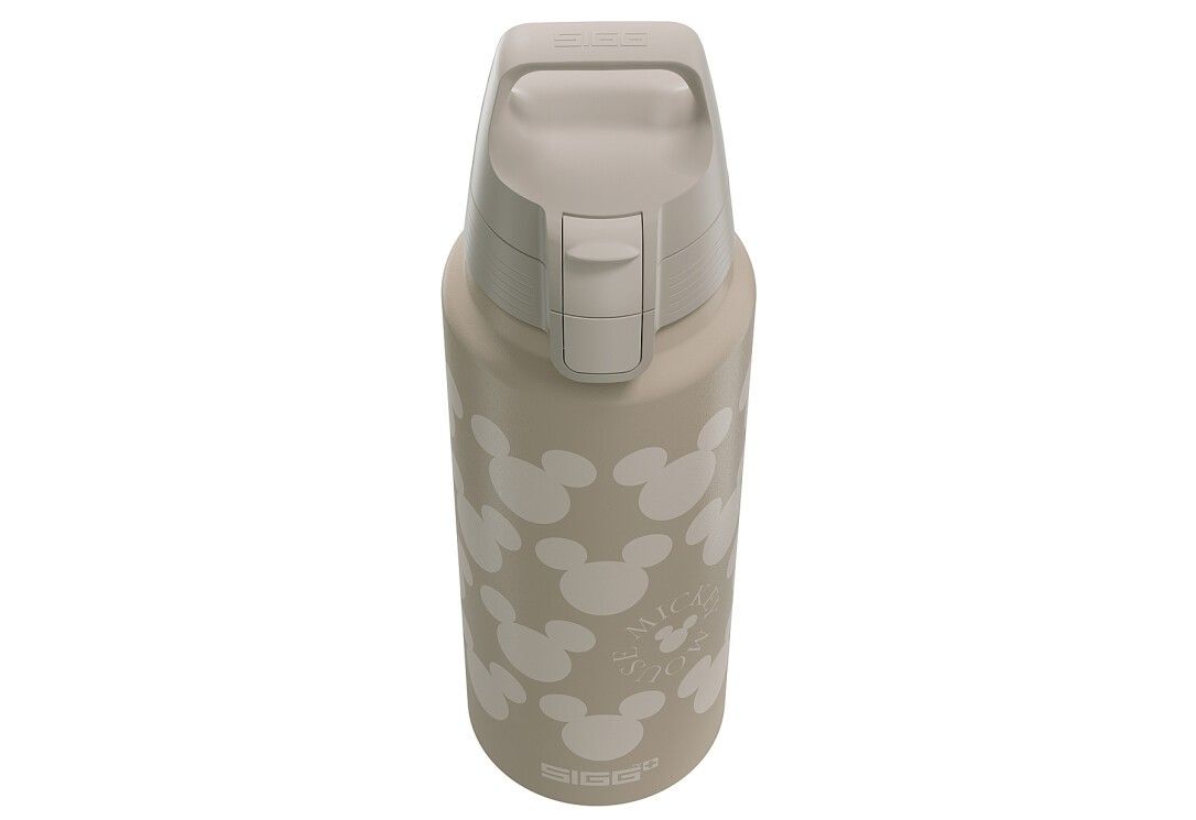 Trinkflasche mit Mickey Mouse-Muster. Beige mit weißem Muster. Deckel geschlossen.