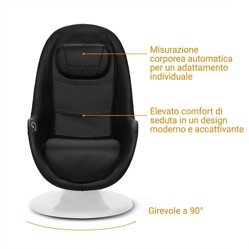 Massagesessel mit Hinweisen zu individueller Körperanpassung, Sitzkomfort und 90° Drehbarkeit.