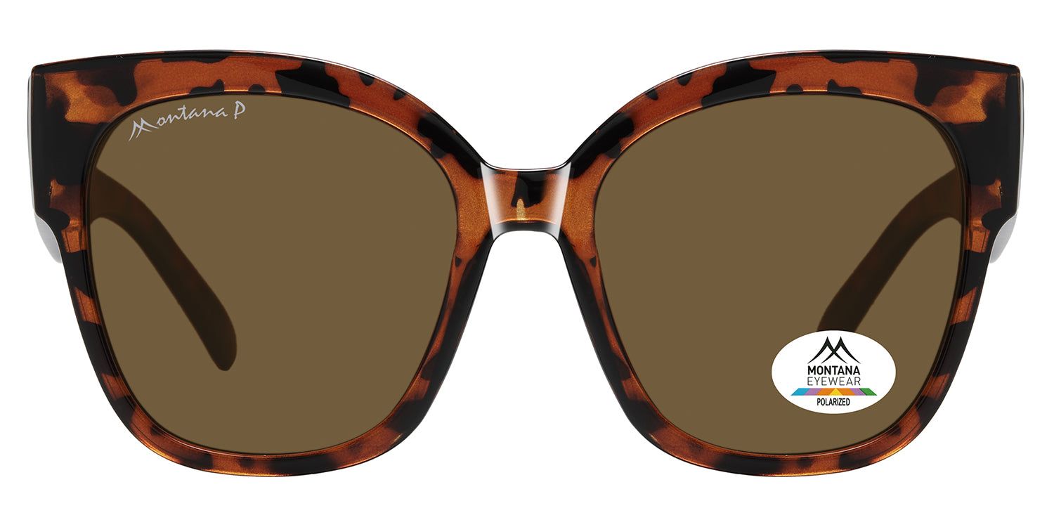 Sonnenbrille mit braunen Gläsern und braunem Schildpatt-Rahmen. Logo Montana Eyewear. Polarisiert-Aufkleber.