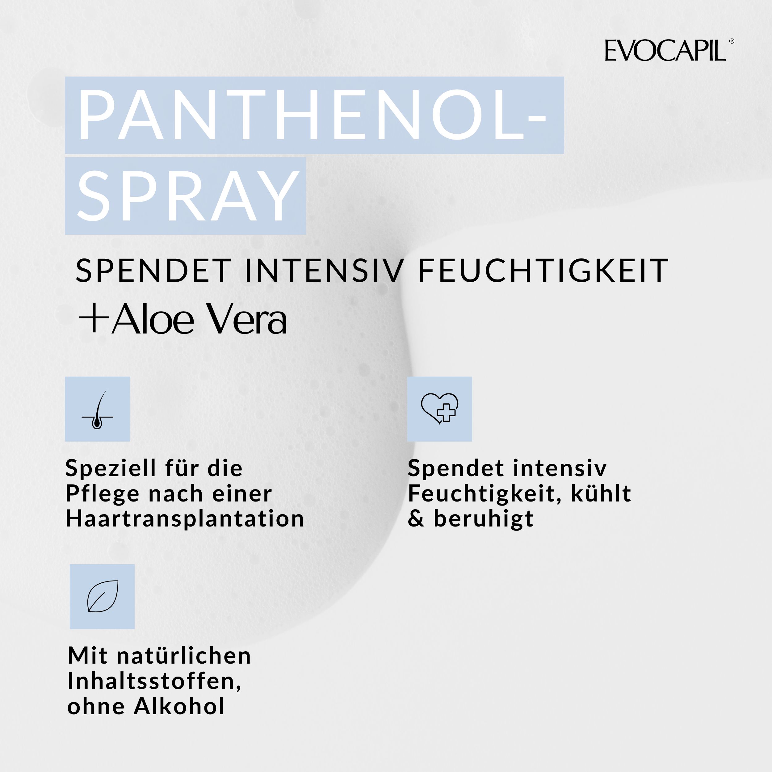Text auf blauem Hintergrund: Panthenol-Spray. Spendet Feuchtigkeit + Aloe Vera. Speziell für die Pflege nach Haartransplantation.