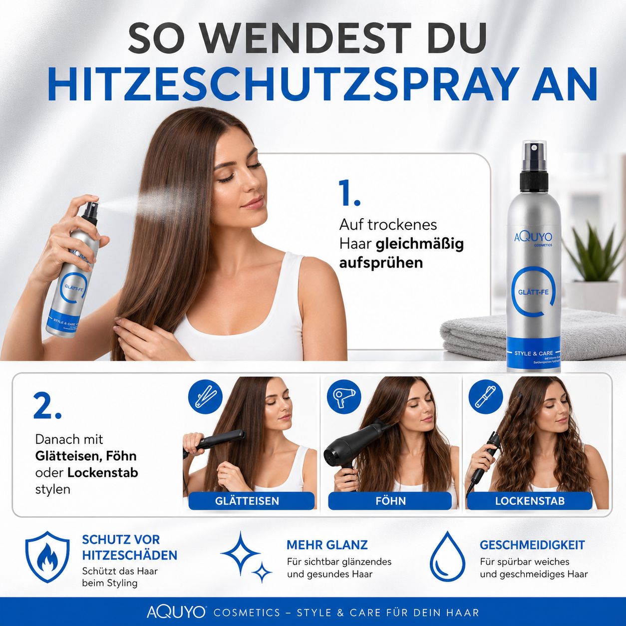 Frau sprüht Hitzeschutzspray auf das Haar. Illustrationen zeigen Glätteisen, Föhn und Lockenstab. Text: So wendest du Hitzeschutzspray an.