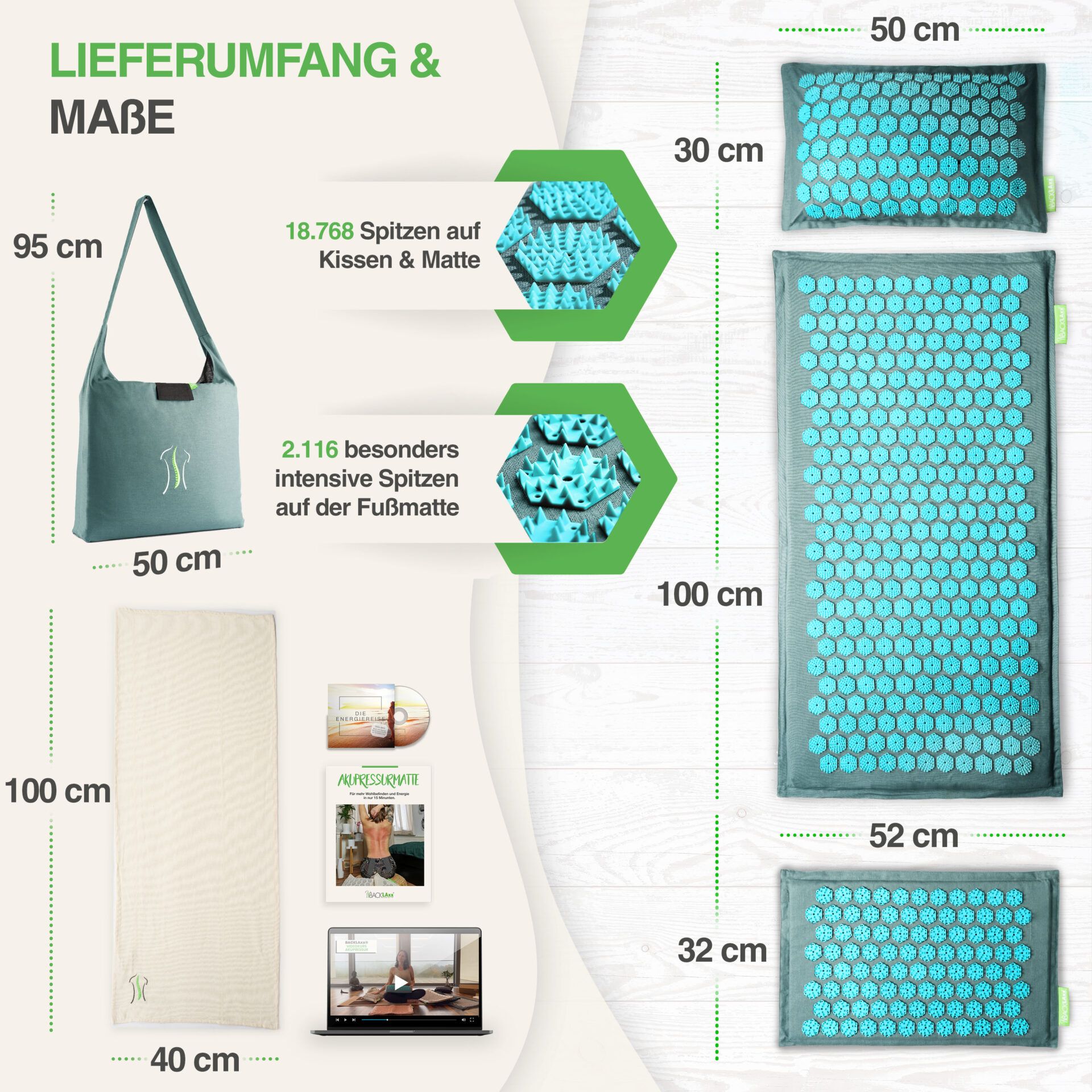Lieferumfang: Akupressurmatte, Kissen, Fußmatte, Tragetasche, DVD, Broschüre. Maße: Matte 100x50cm, Kissen 30x50cm, Fußmatte 32x52cm.