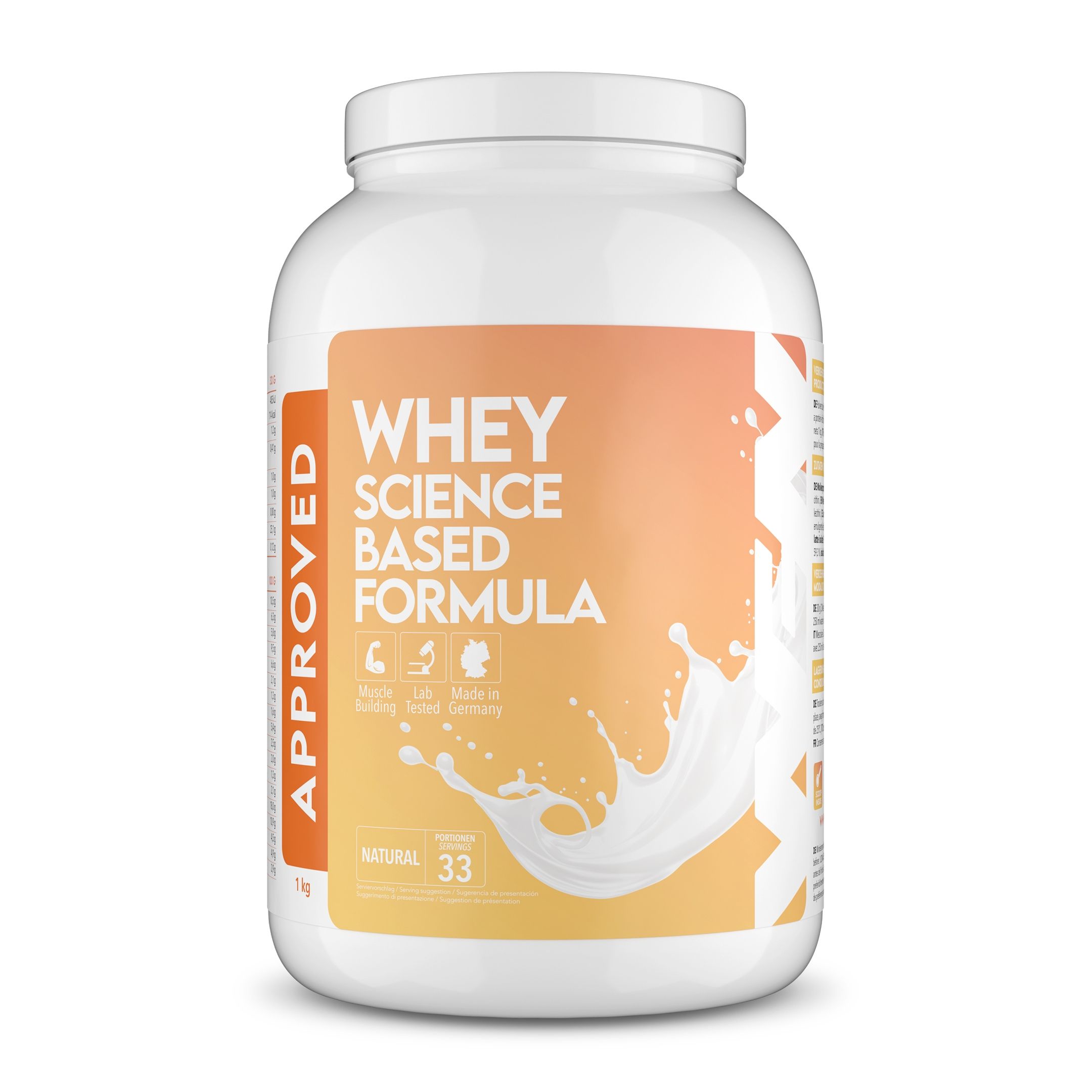 Weiße Dose mit Aufschrift "WHEY SCIENCE BASED FORMULA". Natural, 33 Portionen. Mit Logo und Zertifizierung.