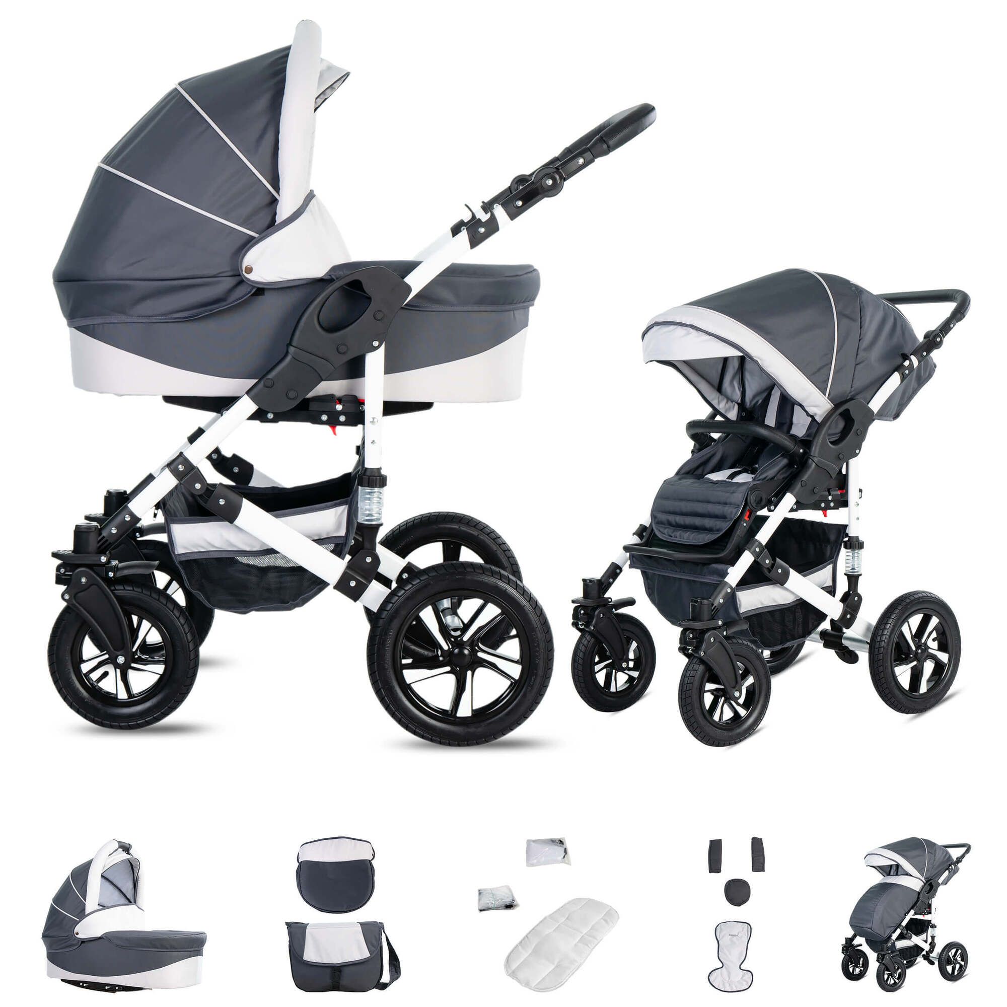 Friedrich Hugo Hamburg 2 in 1 Kinderwagen Hartgummireifen, Grey & White