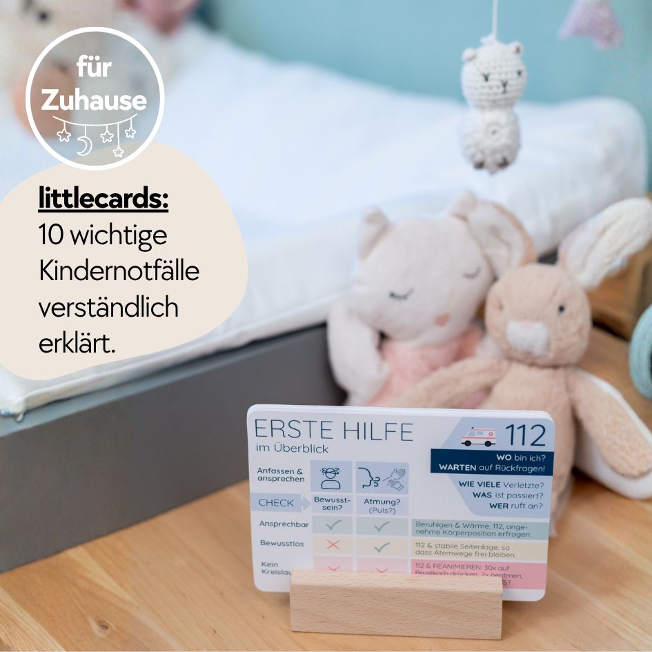 Erste-Hilfe-Karte 'Erste Hilfe im Überblick' auf einem Holzständer, mit weiteren Karten.