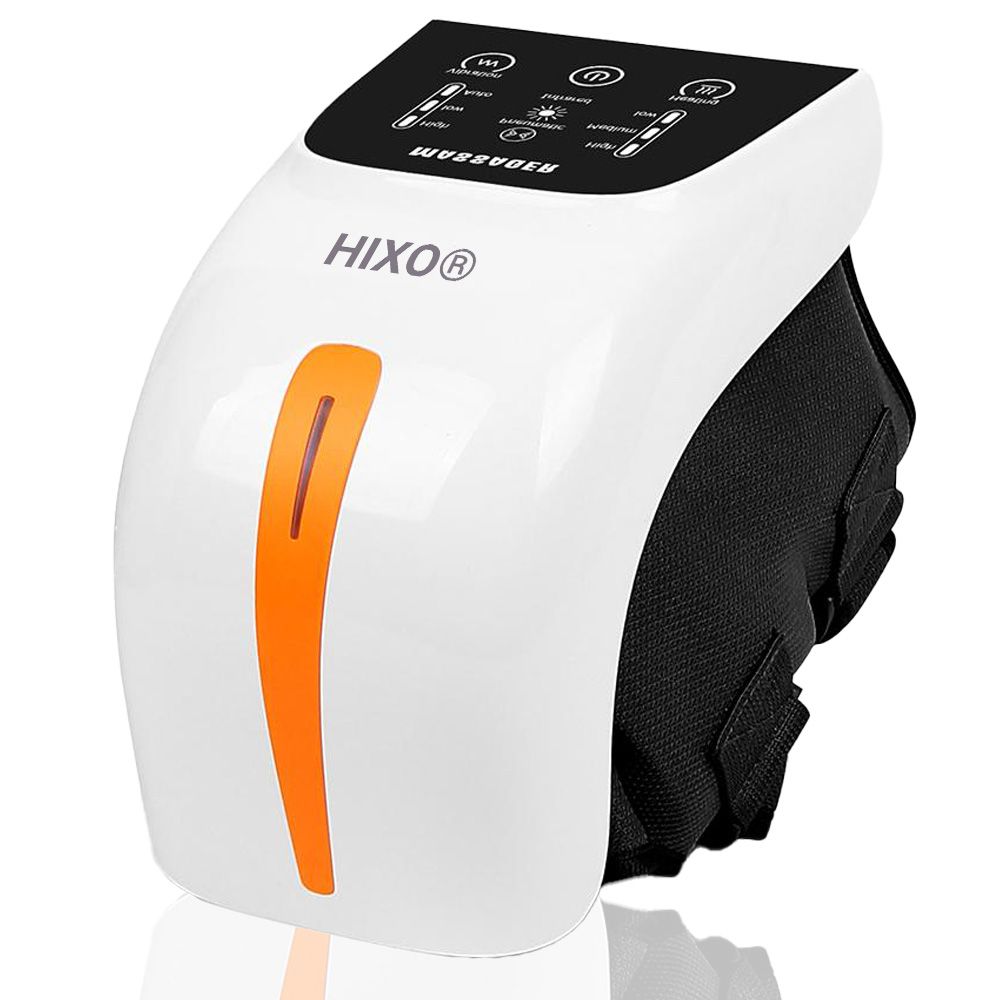 Weißes Knie-Massagegerät mit orangefarbenem Akzent und schwarzem Band. Oben Bedienfeld mit Symbolen. HIXO®-Logo.