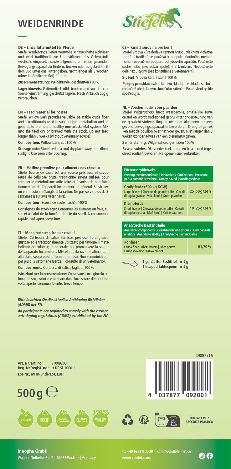 Rückseite der Verpackung von Stiefel Weidenrinde. Text in mehreren Sprachen. Enthält Informationen zu Inhaltsstoffen, Fütterungsempfehlungen und Analysedaten.