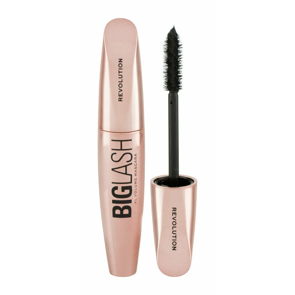 Roséfarbene Mascarahülse und Bürste. Aufschrift: BIG LASH XL VOLUME MASCARA und REVOLUTION. Schwarze Bürste.