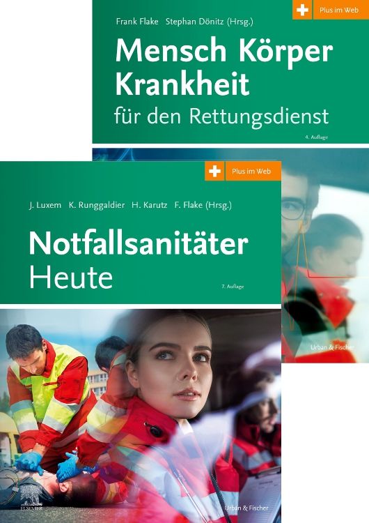 Zwei Bücher: "Mensch Körper Krankheit für den Rettungsdienst" und "Notfallsanitäter Heute". Beide mit grünem Titel und Autorenangaben.