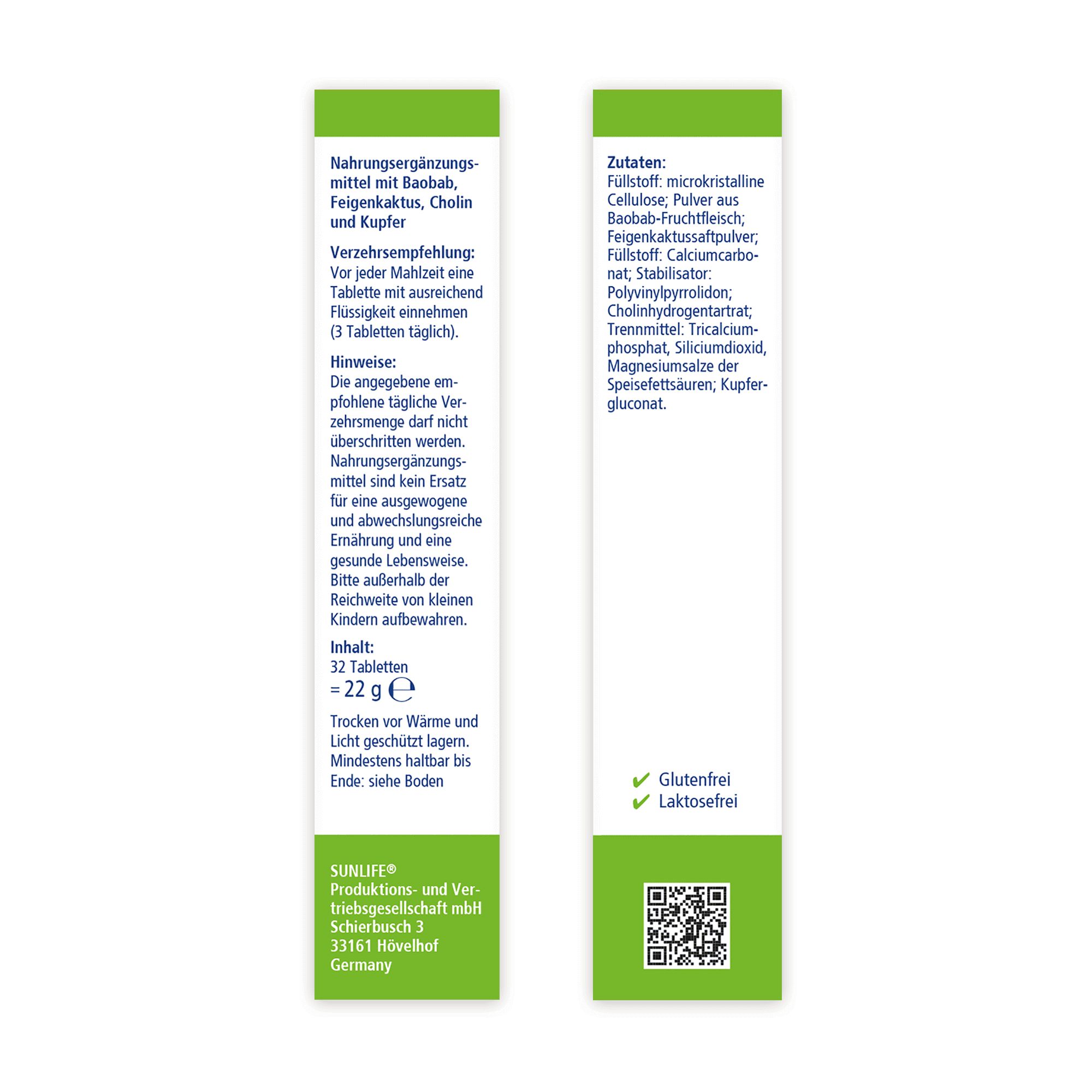 Zwei schmale, grüne Packungsseiten mit Text. Zutaten, Verzehrempfehlung, Hinweise. QR-Code und Logo SUNLIFE®.