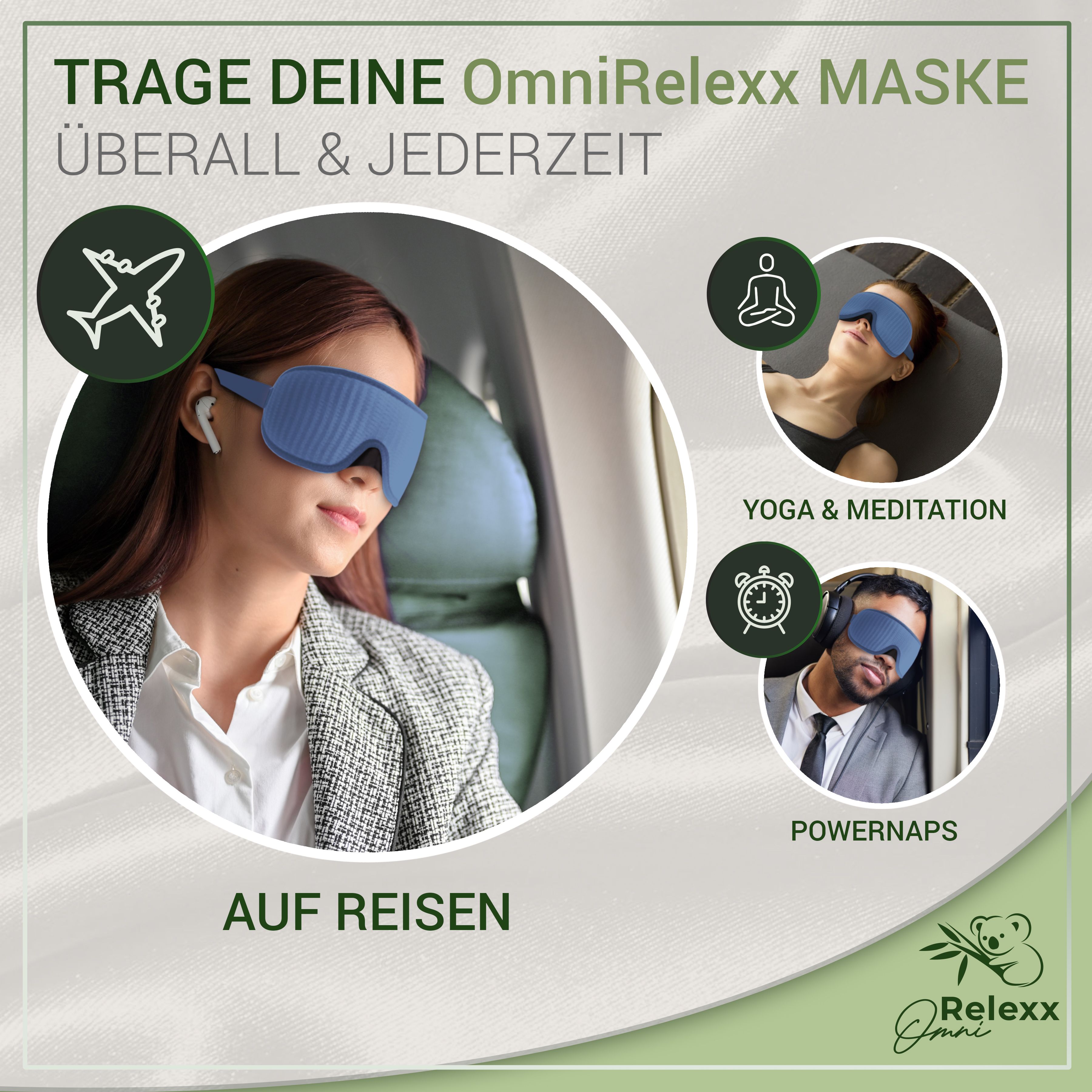 Frau mit blauer Schlafmaske in verschiedenen Situationen. Text: Auf Reisen, Yoga, Powernaps. Marke: Relexx Omni.