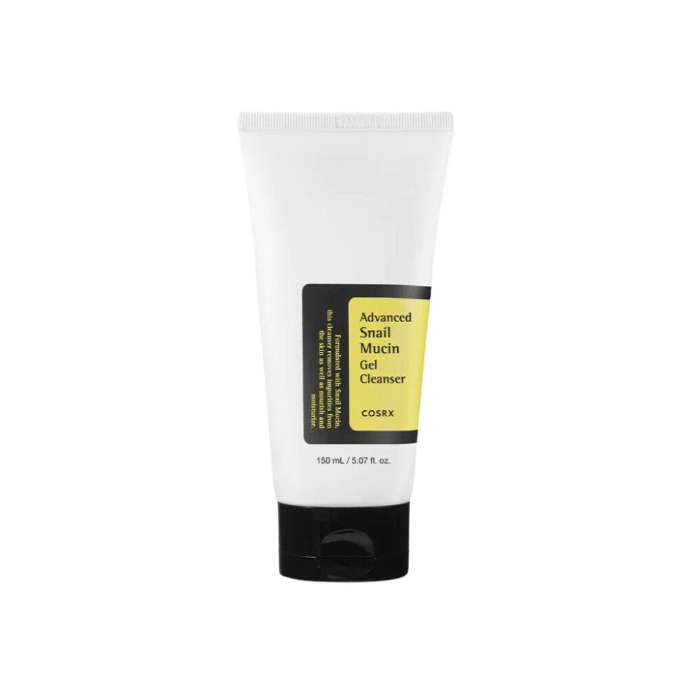 Weiße Tube mit schwarzem Klappdeckel, enthält COSRX Advanced Snail Mucin Gel Cleanser.
