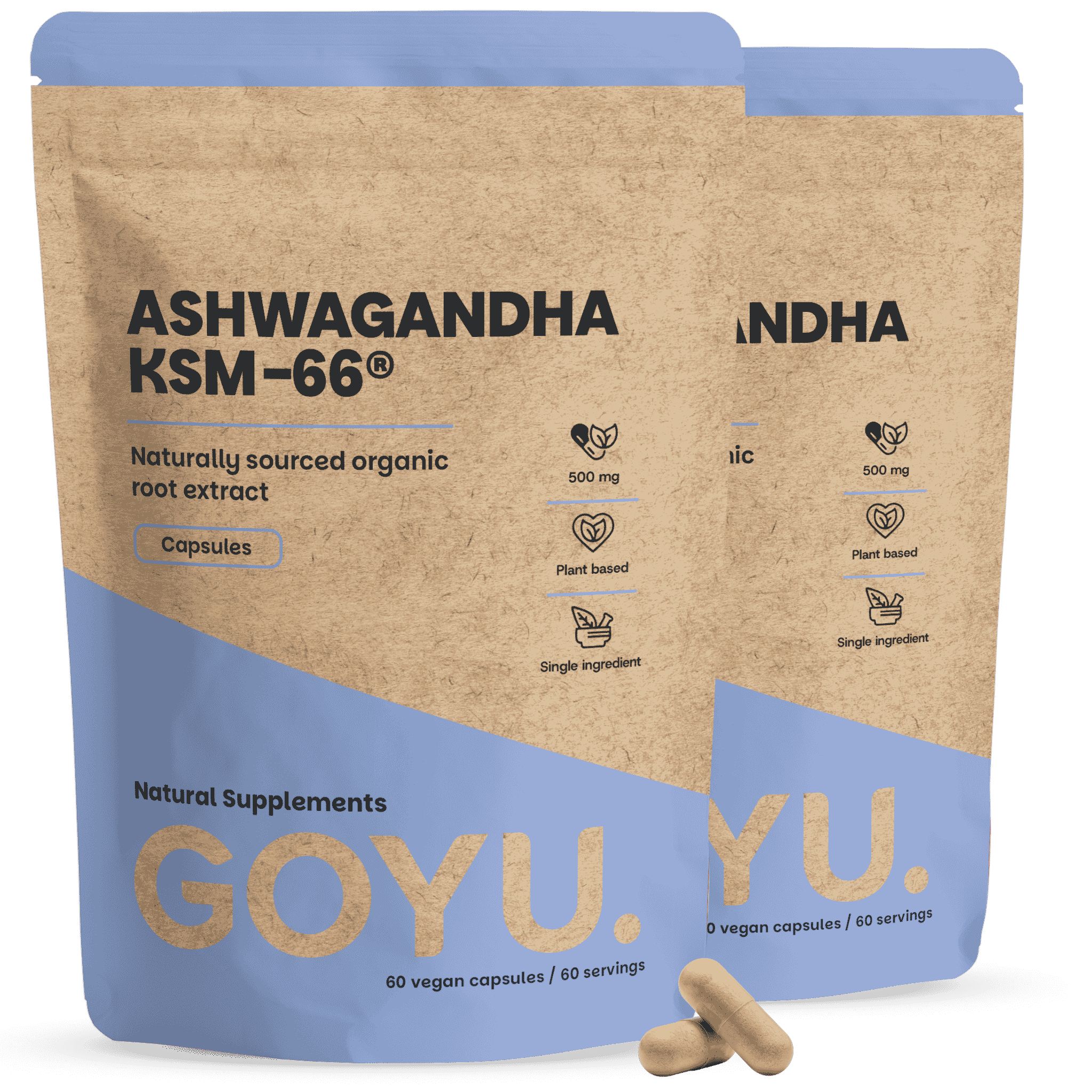 Zwei Packungen Ashwagandha KSM-66 Kapseln, 500 mg, Bio.