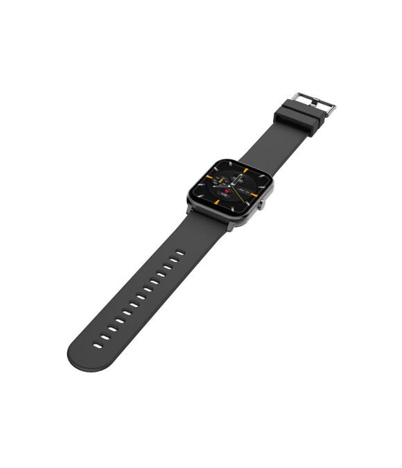 Schwarze Smartwatch mit quadratischem Zifferblatt. Zeigt Uhrzeit und Fitnessdaten an. Schwarzes Armband.