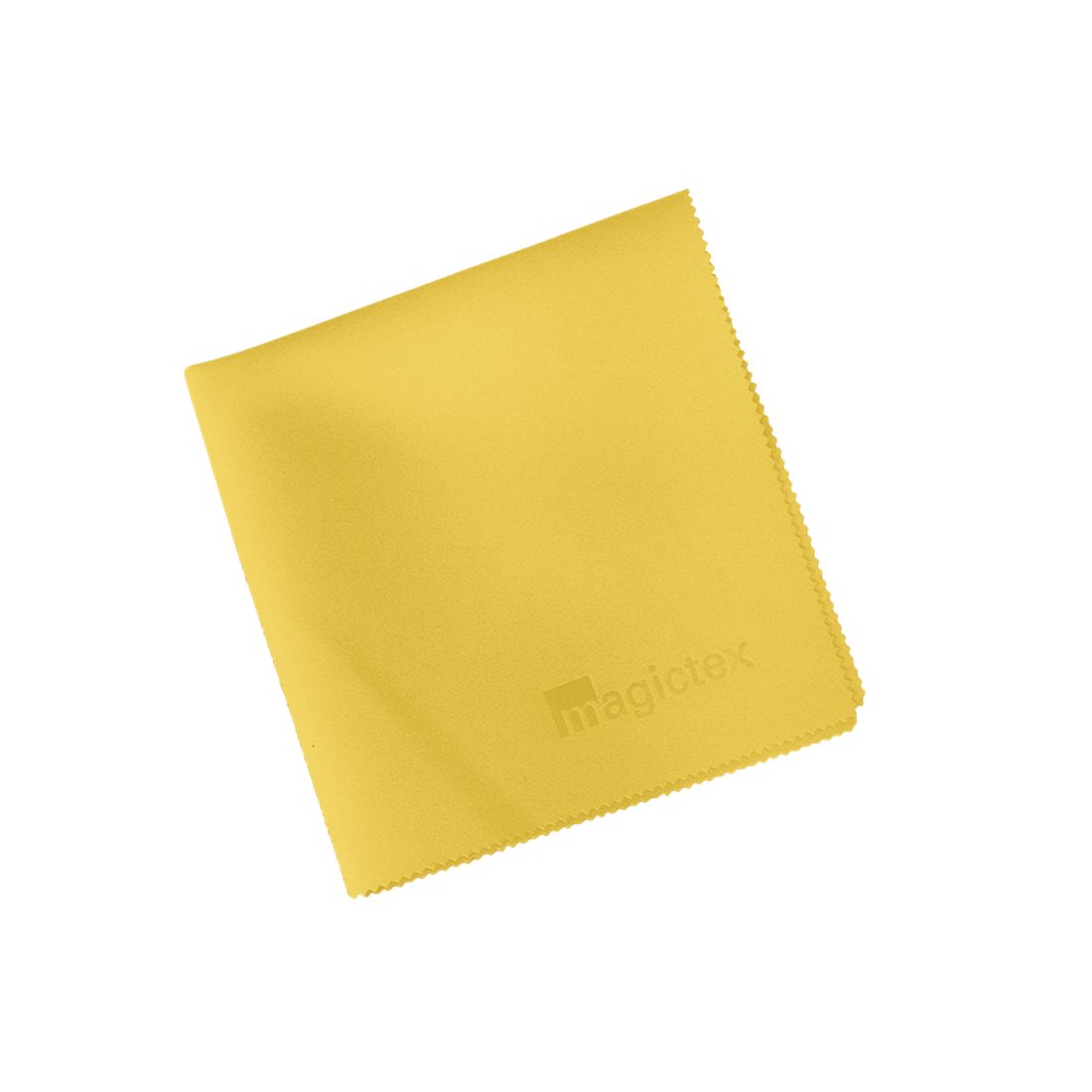 Gelbes Reinigungstuch mit gezackten Kanten. Auf dem Tuch ist der Schriftzug "magictex" zu sehen.