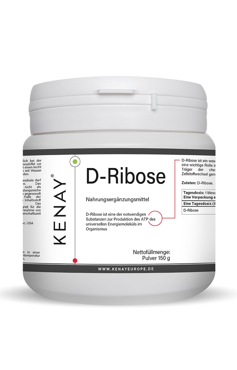 D-Ribose KENAY®-Behälter. Nahrungsergänzungsmittel. Weißer Behälter mit schwarzem Deckel. Nettogewicht: 150 g.