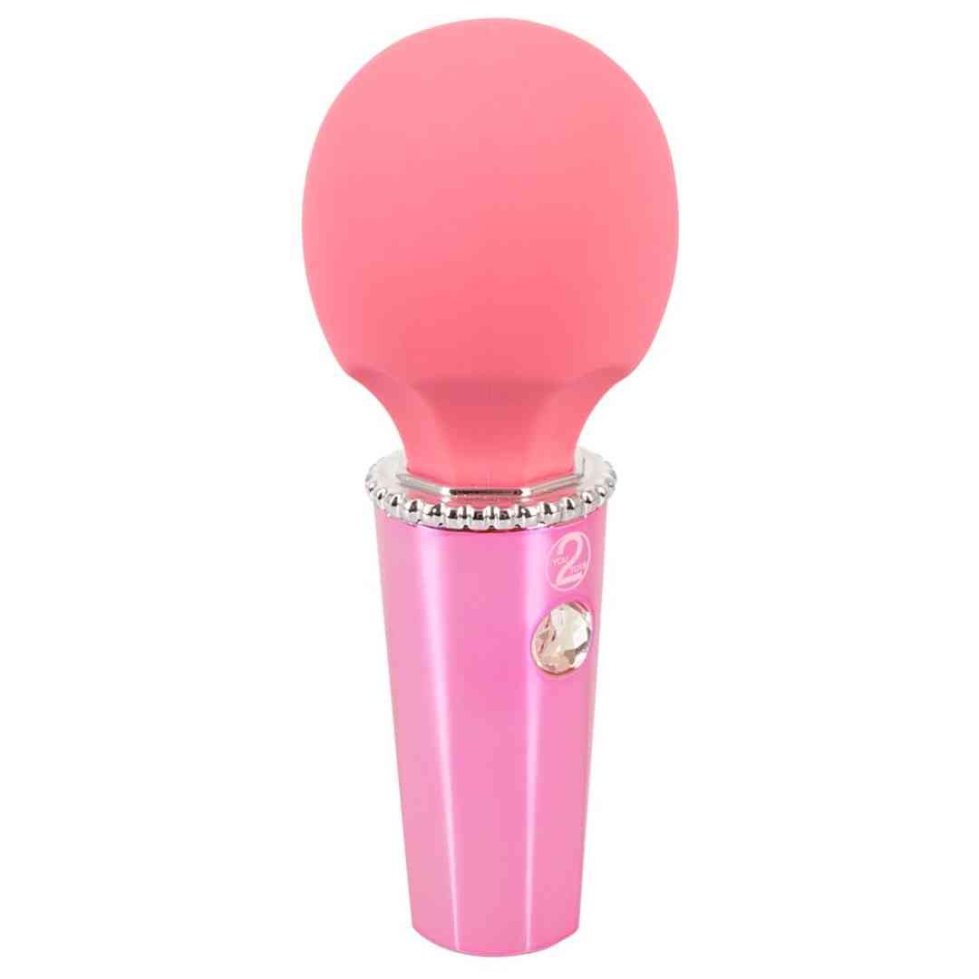 Rosa Mini-Wand mit Glitzersteinen. Kugelformiger Kopf, zylindrischer Griff mit Glitzerstein und Logo.