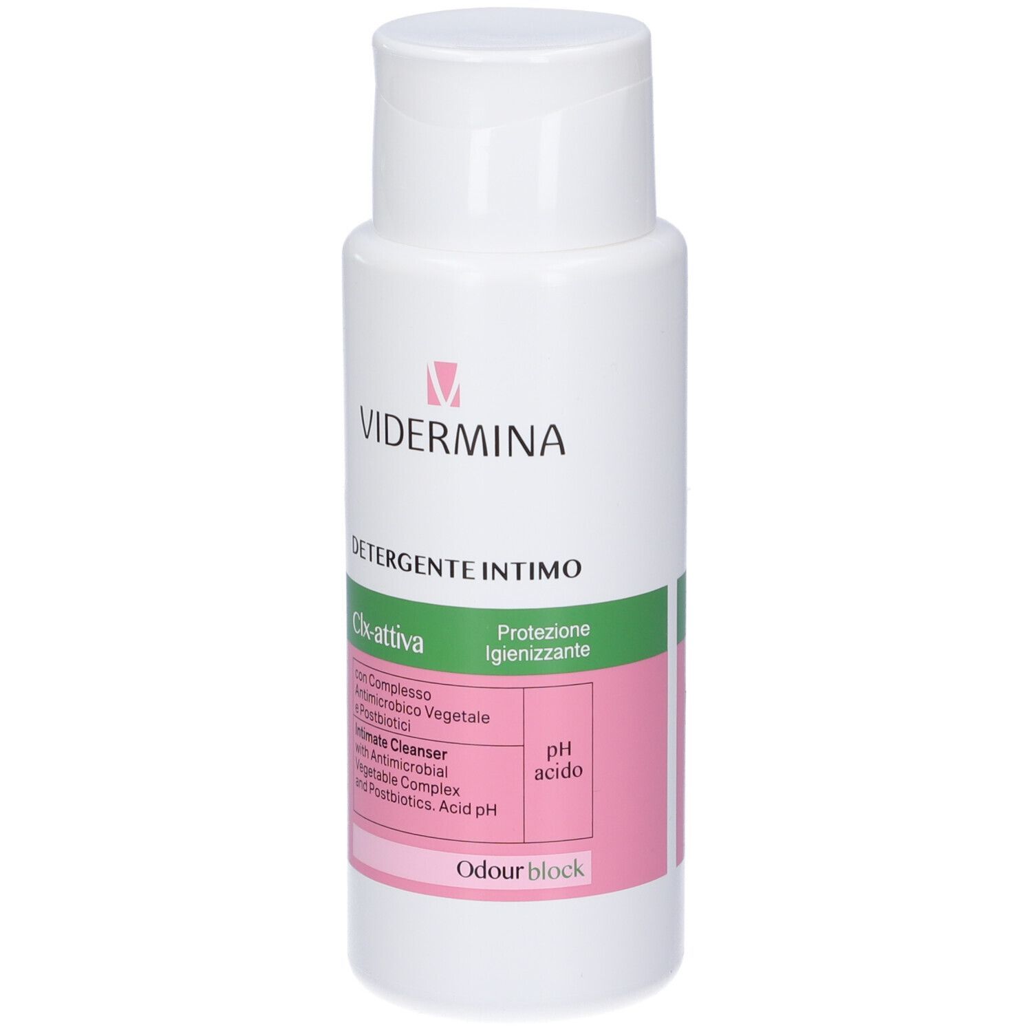 Vidermina CLX-attiva Intimreiniger, 300ml Flasche mit Etikett, das antimikrobielle Eigenschaften hervorhebt.