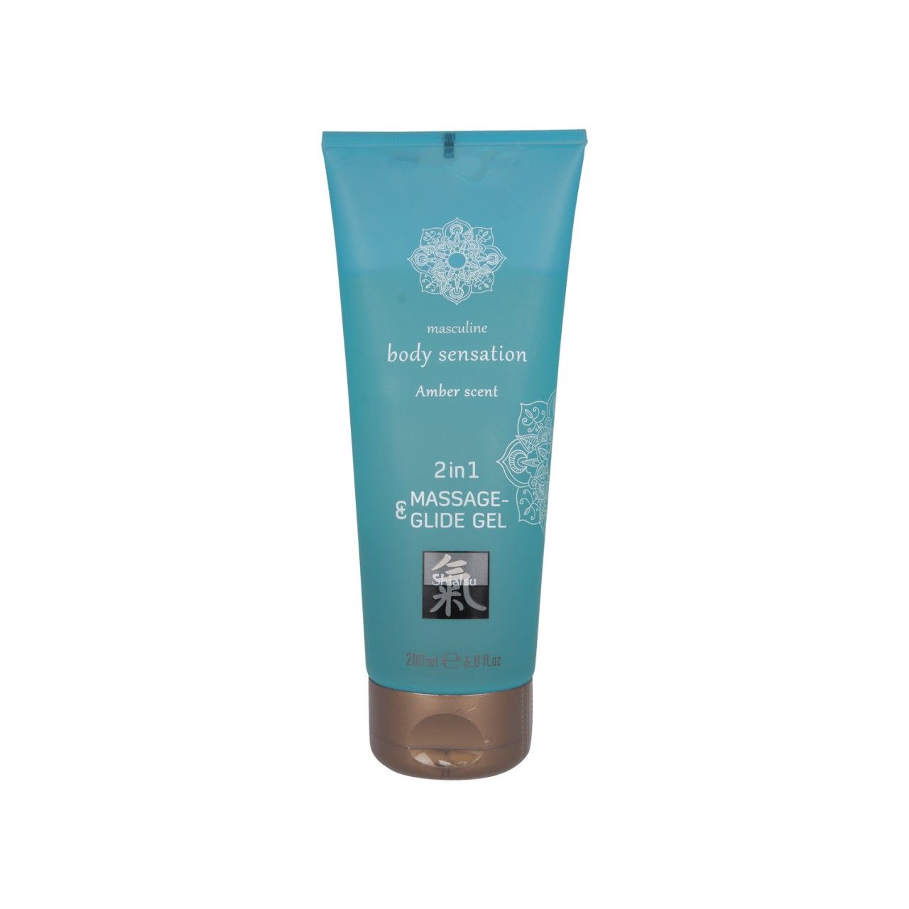 Türkisfarbene Tube mit braunem Deckel. Aufschrift: Body Sensation, Amber Scent, 2in1 Massage- & Glide Gel.