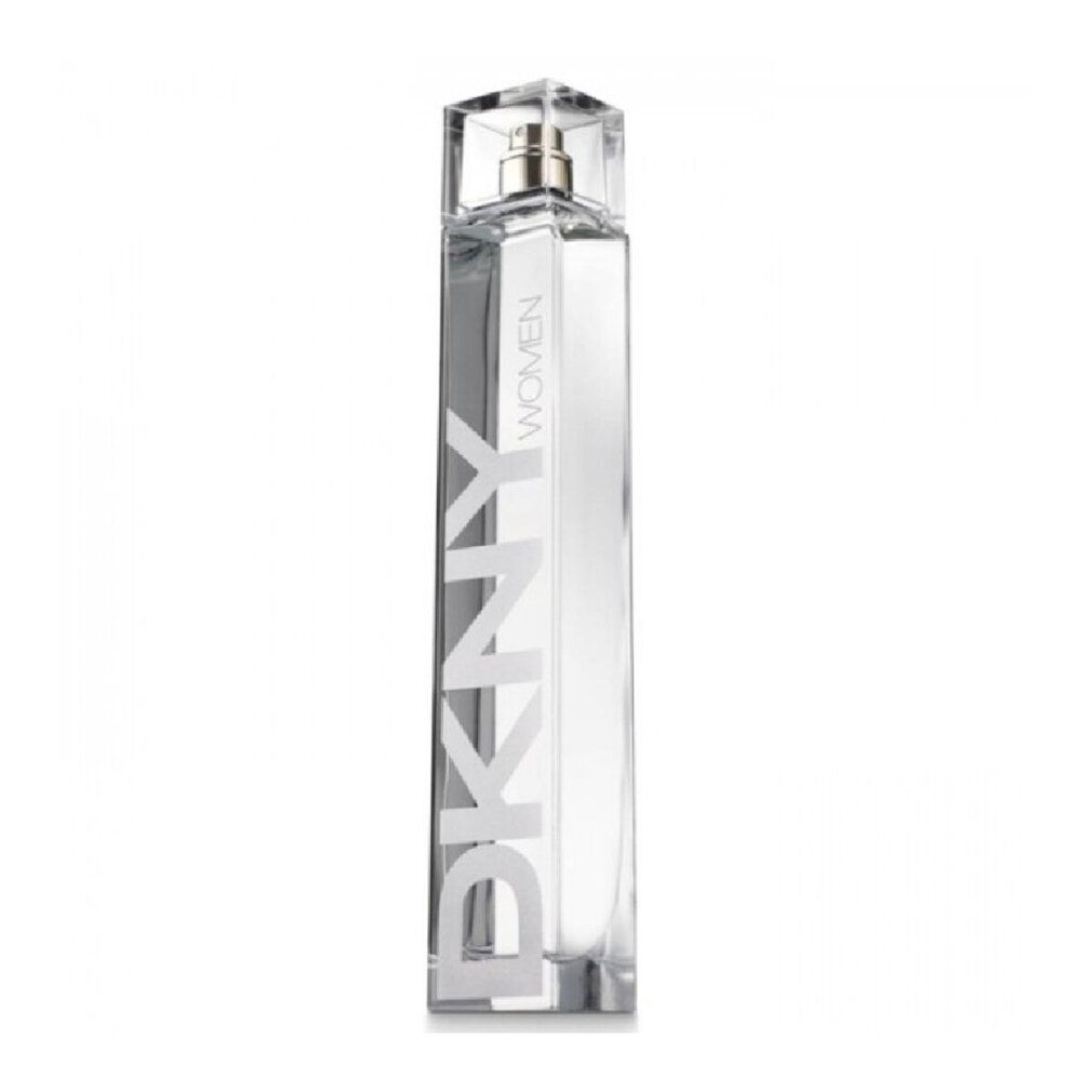 DKNY Women Flakon. Rechteckiger, transparenter Flakon mit Sprühkopf. Graue Schrift auf dem Flakon. Aufrecht stehend.