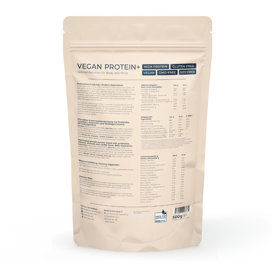 Rückseite des Beutels TWONATURALS VEGAN PROTEIN+. Enthält Nährwertangaben, Zutatenliste, Informationen zu Gluten, Soja, GMO-frei, vegan, 500g.