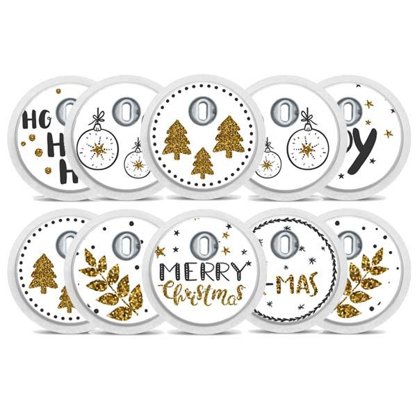 Runde Sticker mit Weihnachtsdesigns. Mehrere Designs mit goldenen Elementen und Schriftzügen.