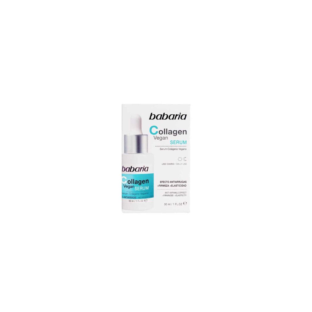 Babaria Collagen Vegan Serum Flasche und Verpackung. Weiß, blau und silberfarben. Text: Anti-Falten, Festigkeit, Elastizität.