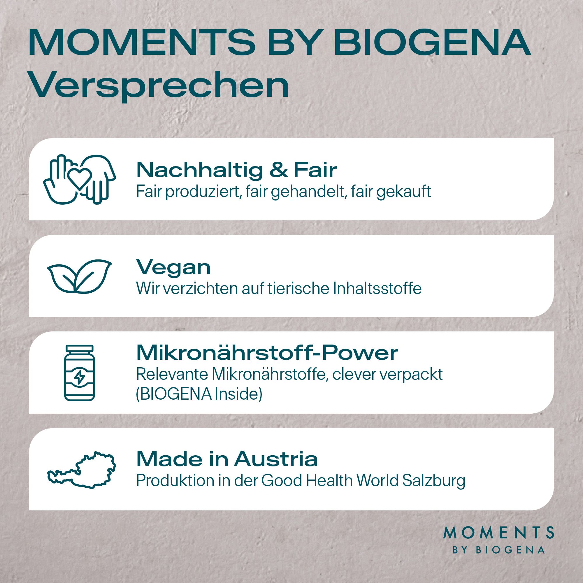 Text: "Moments by BIOGENA Versprechen". Nachhaltig & Fair, Vegan, Mikronährstoff-Power, Made in Austria. Logo: "Moments by BIOGENA".