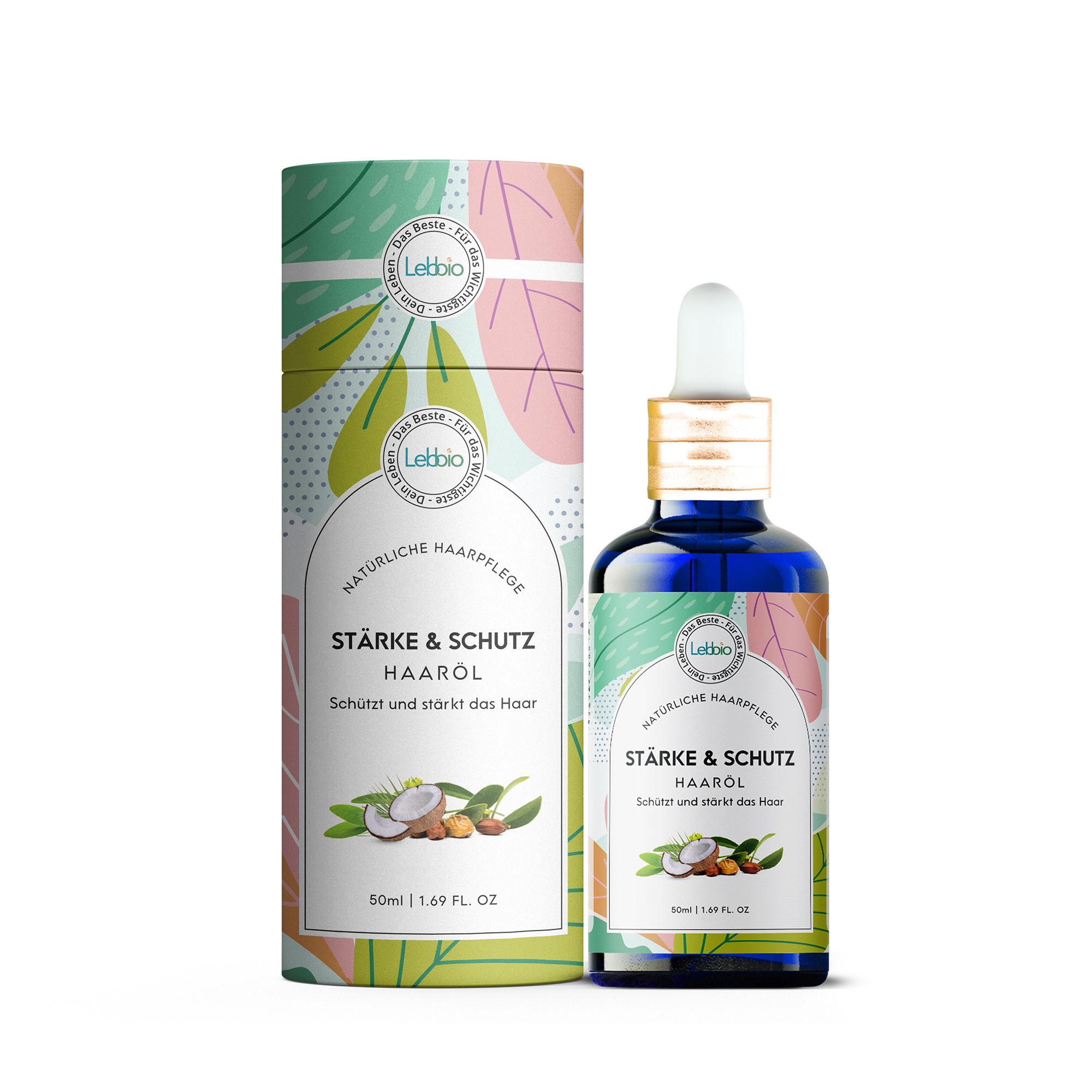 Blaues Haaröl-Fläschchen mit weißem Tropfer und Karton. Aufschrift: Stärke & Schutz Haaröl. Kokosnuss- und Blätter-Dekoration.