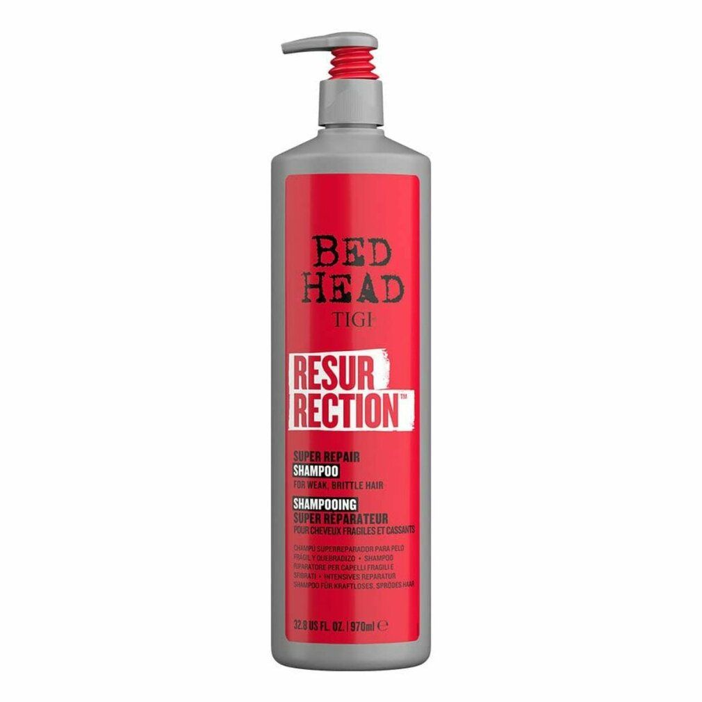 Graue Shampoo-Flasche mit rotem Etikett. Aufschrift: BED HEAD TIGI RESURRECTION SUPER REPAIR SHAMPOO. Mit Pumpverschluss.