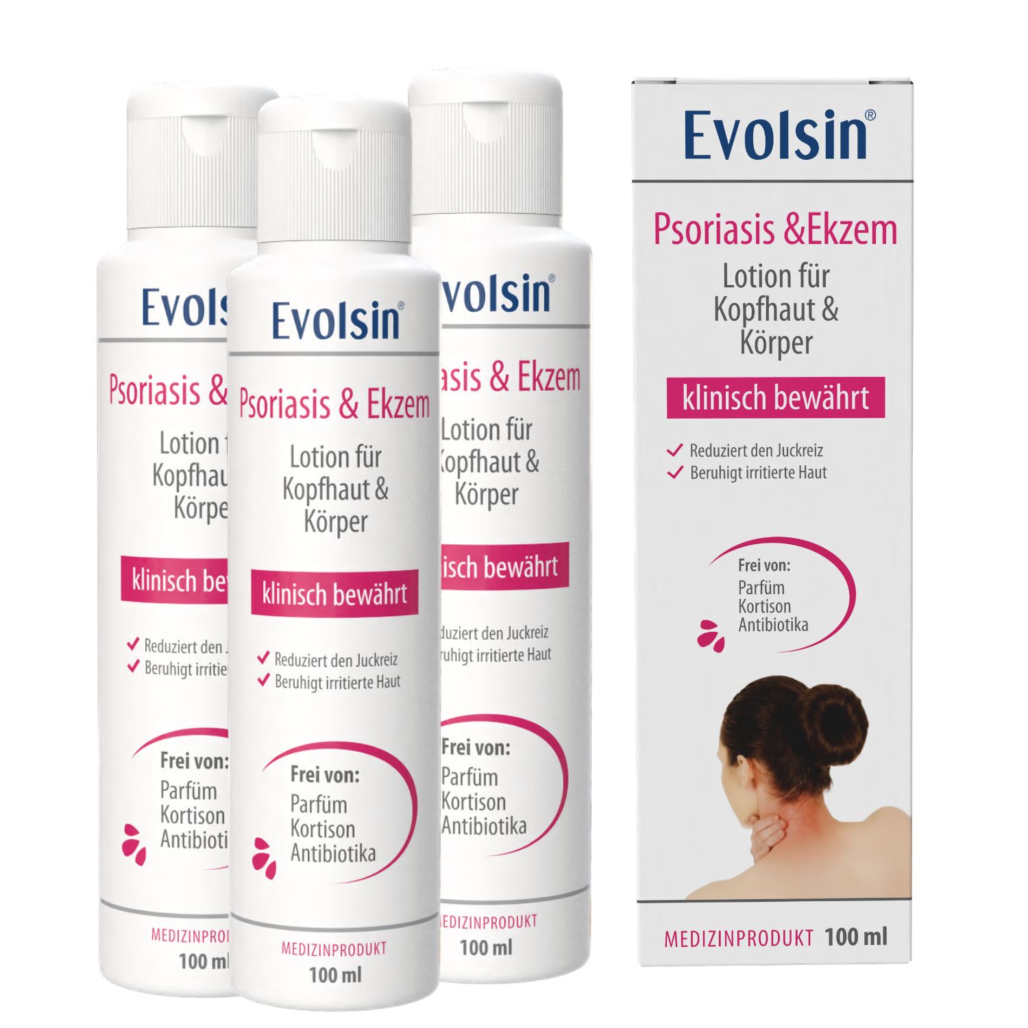 Evolsin® Psoriasis & Ekzem Lotion 3er Pack – Für Kopfhaut Körper bei trockener Haut 300 ml