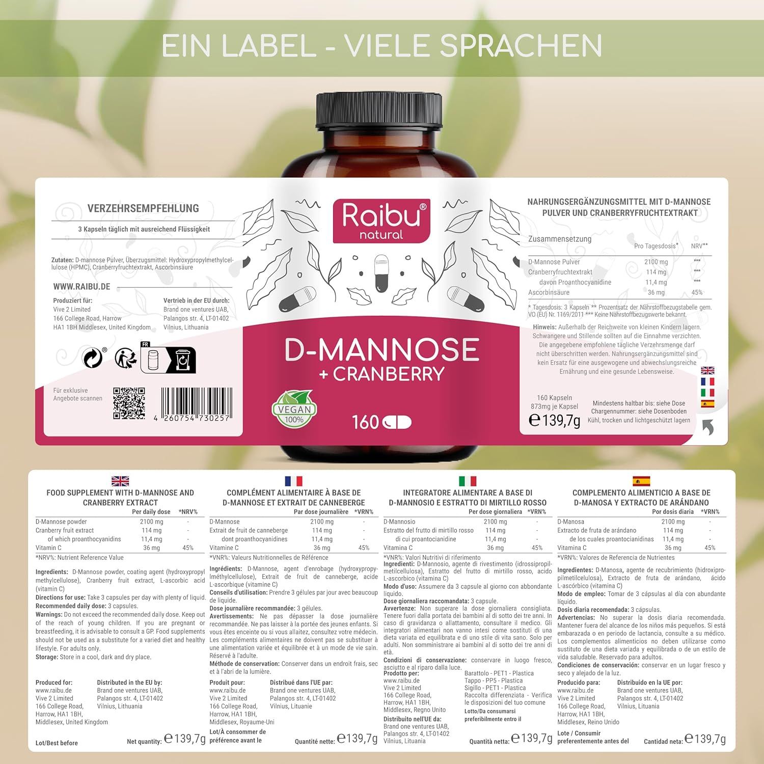 Raibu D-Mannose mit Cranberry 2x160 St Kapseln