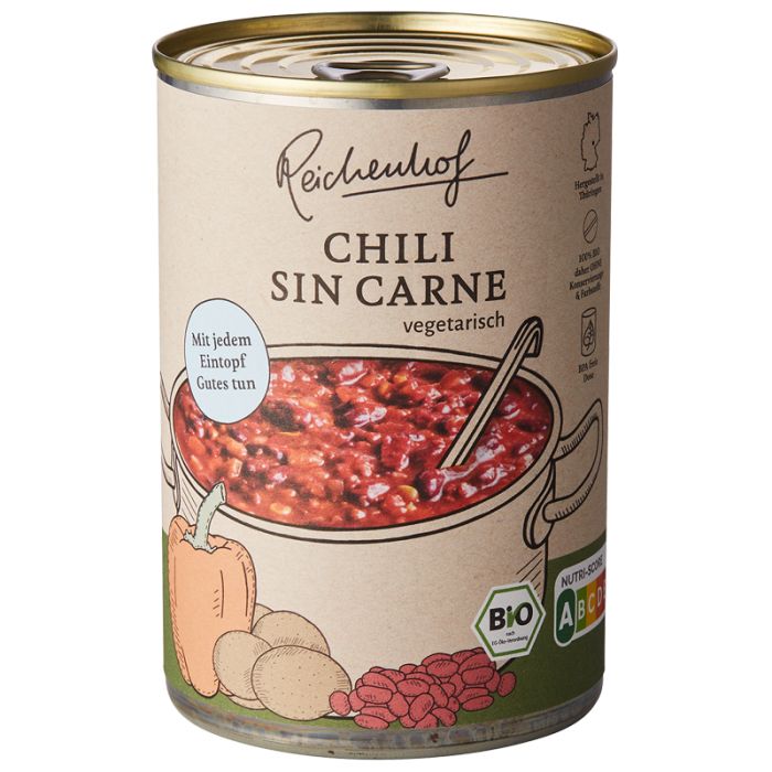 Konservendose mit Aufschrift "Reichenhof Chili Sin Carne vegetarisch". Abbildung von Chili, Gemüse und Bio-Siegel.
