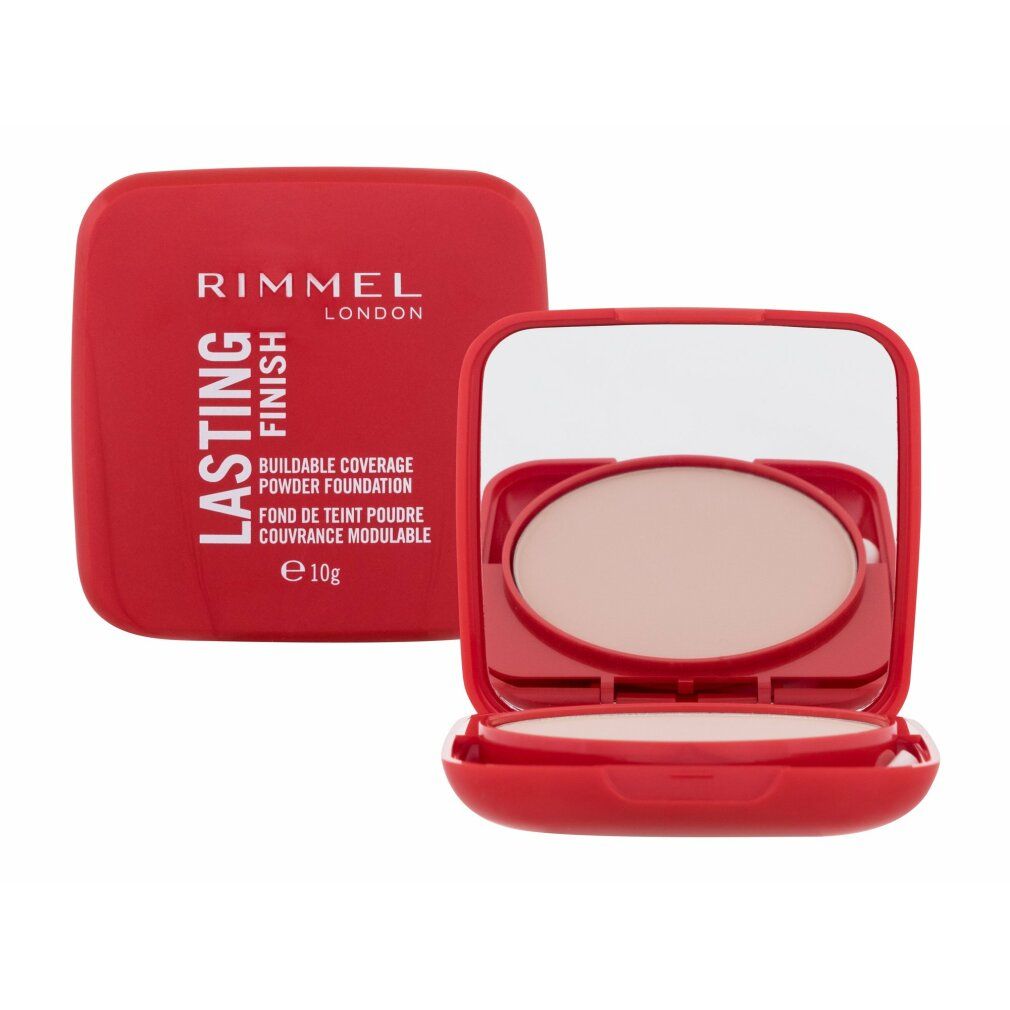 Roter Kompaktpuder mit Spiegel. Geöffnet, Puder und Applikator sichtbar. Text: Rimmel London Lasting Finish, 10g.